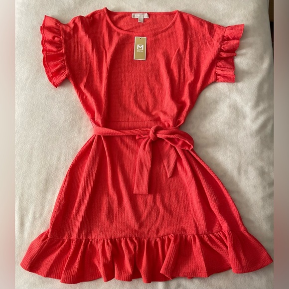 NWT MICHAEL KORS Sangria CRINKLE CREPE RUFFLE BELT FLUTTER SLEEVE DRESS Large - Picture 4 of 11